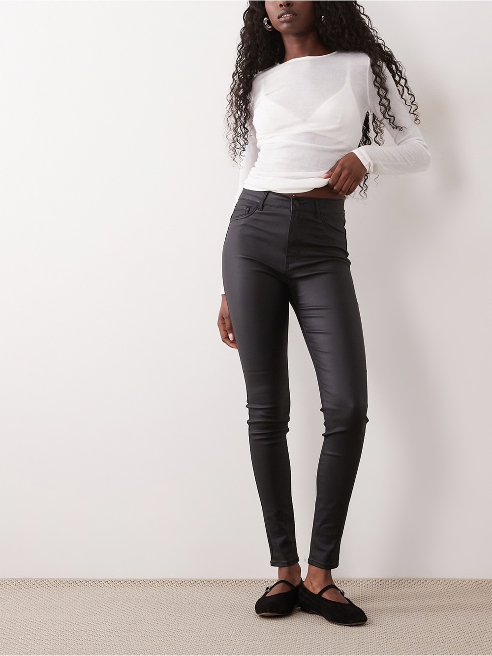 Stradivarius Coated Black High-Rise Skinny Jeans leather optic